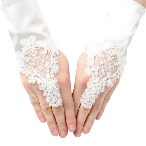 Girls Ivory Pearl Sequin Coiled Lace Satin Communion Flower Girl Gloves - SophiasStyle.com