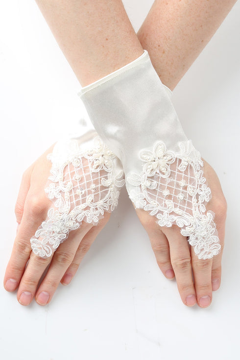Girls Ivory Pearl Sequin Coiled Lace Satin Communion Flower Girl Gloves - SophiasStyle.com