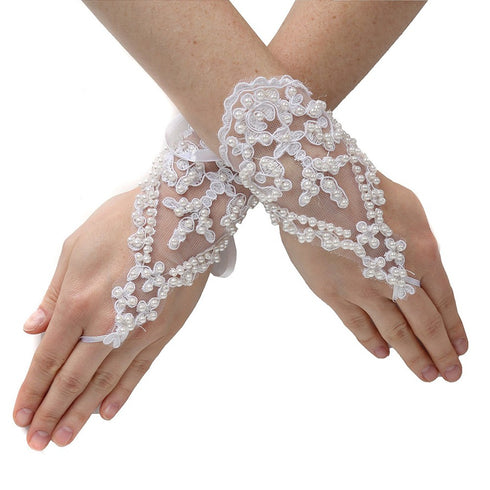 Girls Ivory Pearl Adorned Lace Fingerless Communion Flower Girl Gloves - SophiasStyle.com