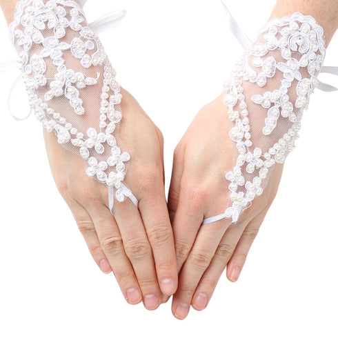 Girls White Pearl Adorned Lace Fingerless Communion Flower Girl Gloves - SophiasStyle.com