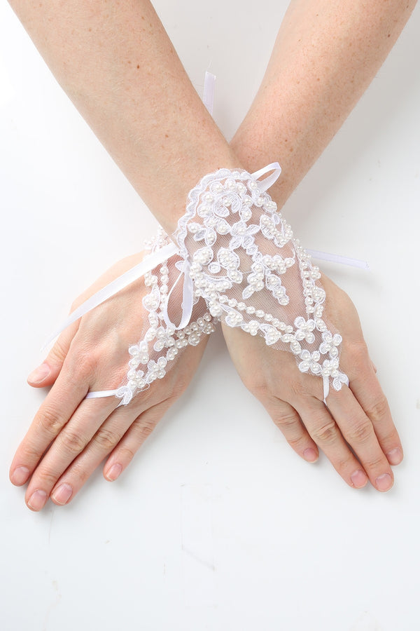 Girls White Pearl Adorned Lace Fingerless Communion Flower Girl Gloves - SophiasStyle.com