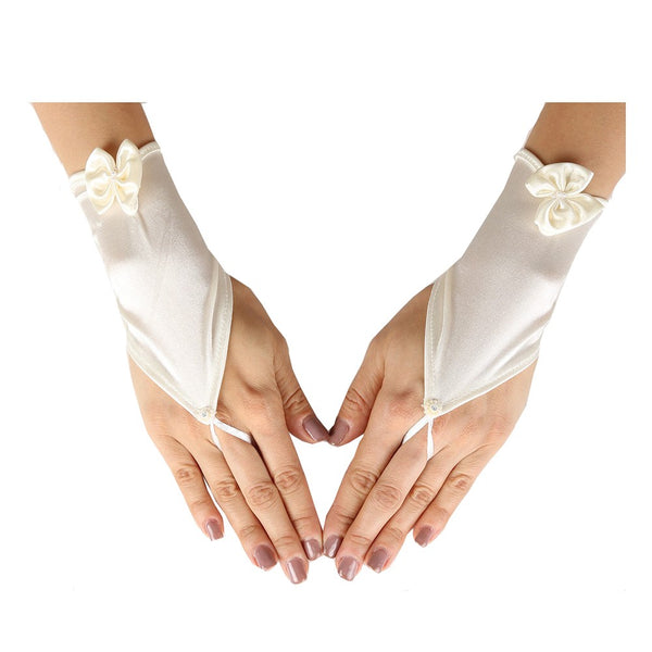 Girls Ivory Fingerless Satin Ribbon Accented Communion Flower Girl Gloves - SophiasStyle.com