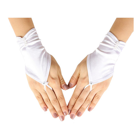Girls White Fingerless Satin Pearl Accented Communion Flower Girl Gloves - SophiasStyle.com
