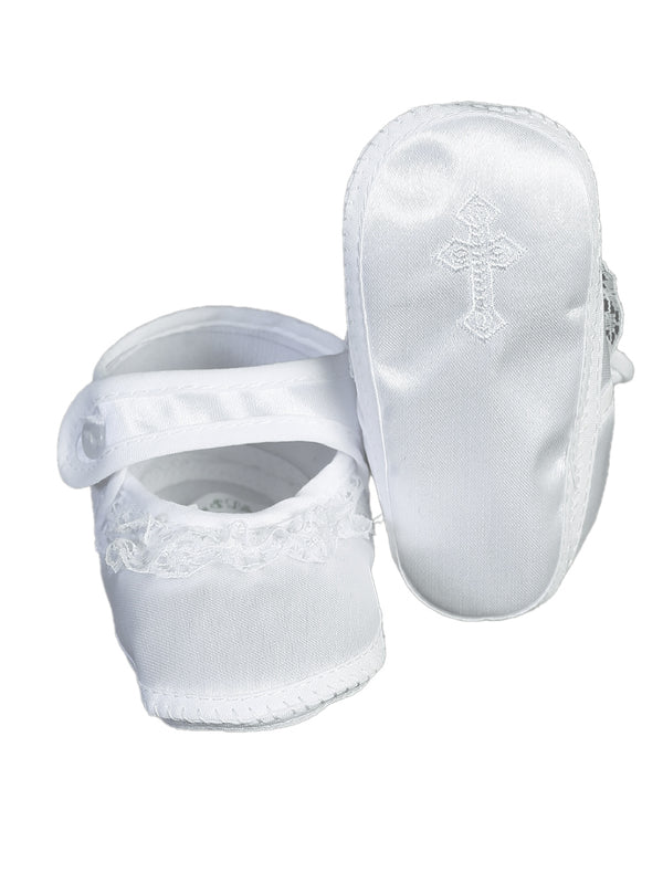 Lito Girls White Embroidered Cross Lace Trim Christening Booties 0-4 Baby - SophiasStyle.com