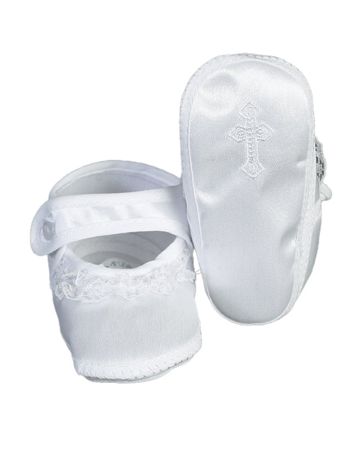Lito Girls White Embroidered Cross Lace Trim Christening Booties 0-4 Baby - SophiasStyle.com