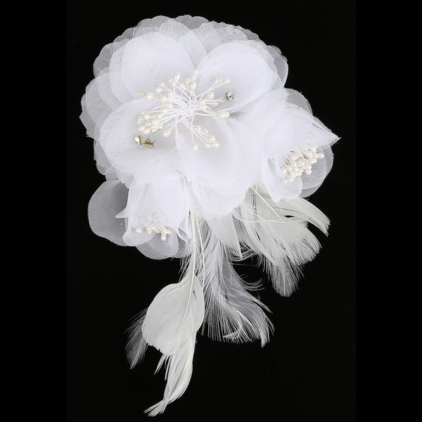 Girls White Feather Flower Bead Rhinestone Communion Flower Girl Headpiece - SophiasStyle.com