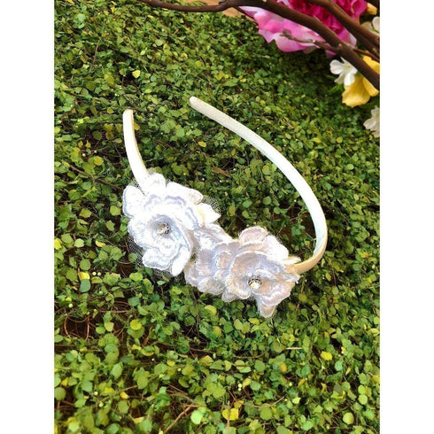 Petite Adele Girls White 3D Flowers Handmade Hard Headband - SophiasStyle.com