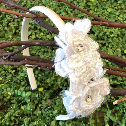 Petite Adele Girls White 3D Flowers Handmade Hard Headband - SophiasStyle.com