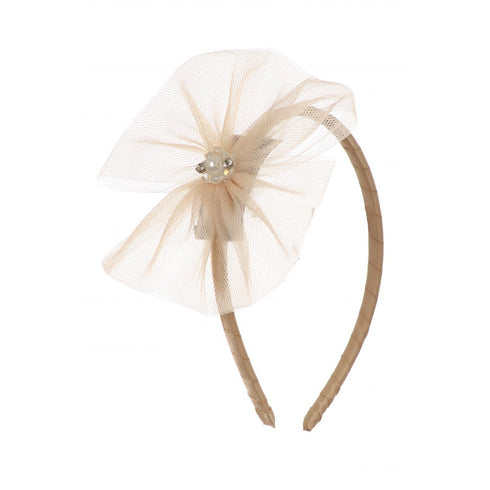 Kids Dream Girls Champagne Tulle Pearls Bow Headband - SophiasStyle.com