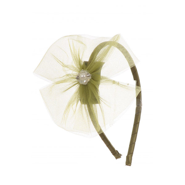 Kids Dream Girls Green Tulle Pearls Bow Headband - SophiasStyle.com
