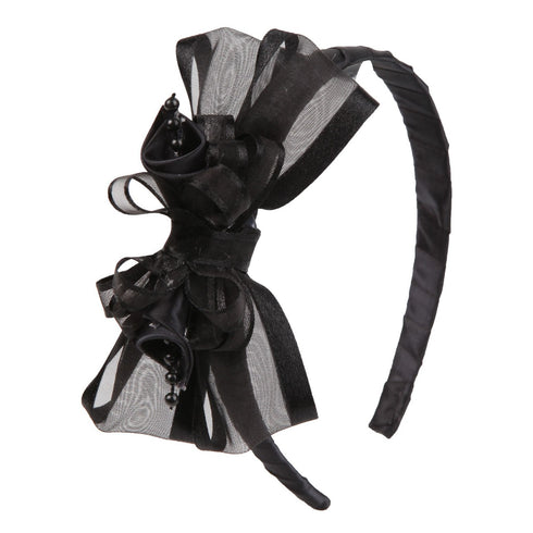 Girls Black Elegant Satin Organza Ribbon Floral Elegant Headband - SophiasStyle.com