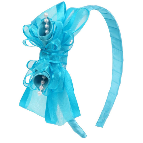 Girls Turquoise Elegant Satin Organza Ribbon Floral Elegant Headband - SophiasStyle.com