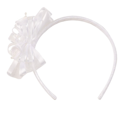Girls White Elegant Satin Organza Ribbon Floral Elegant Headband - SophiasStyle.com