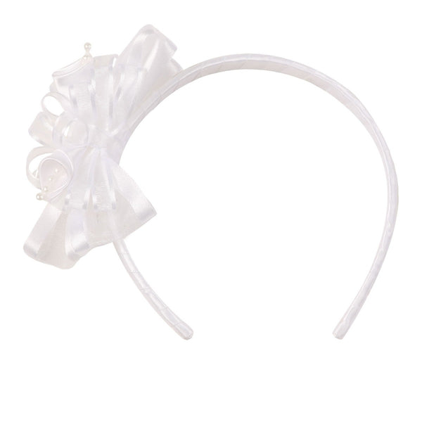 Girls White Elegant Satin Organza Ribbon Floral Elegant Headband - SophiasStyle.com