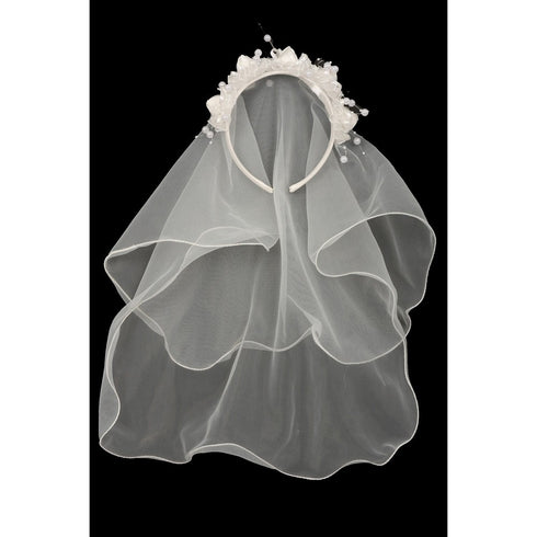 Girls Ivory Flower Pearl Crown Mesh Short Communion Flower Girl Veil - SophiasStyle.com