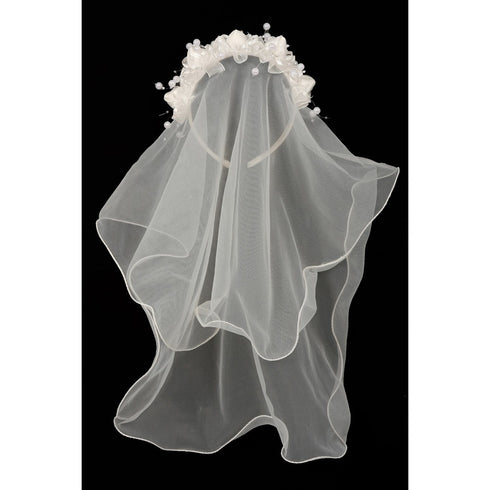 Girls Ivory Flower Pearl Crown Mesh Short Communion Flower Girl Veil - SophiasStyle.com