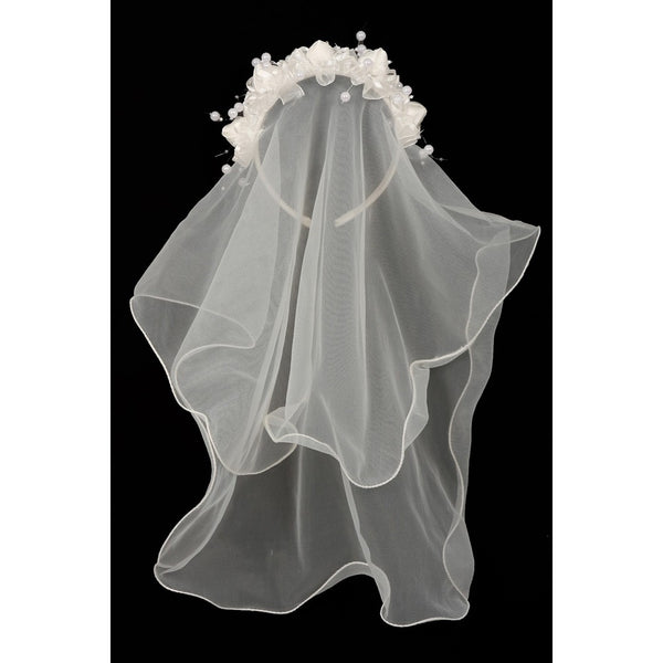 Girls Ivory Flower Pearl Crown Mesh Short Communion Flower Girl Veil - SophiasStyle.com