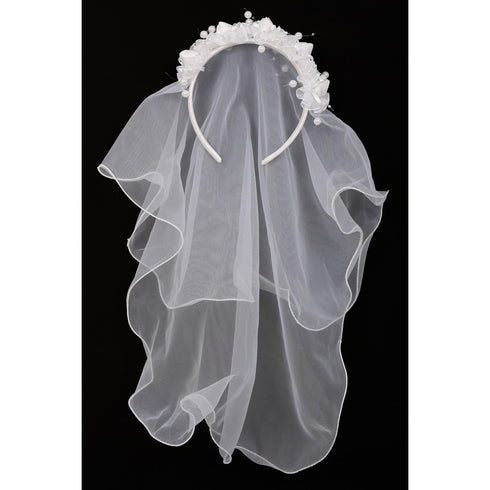 Girls White Flower Pearl Crown Mesh Short Communion Flower Girl Veil - SophiasStyle.com