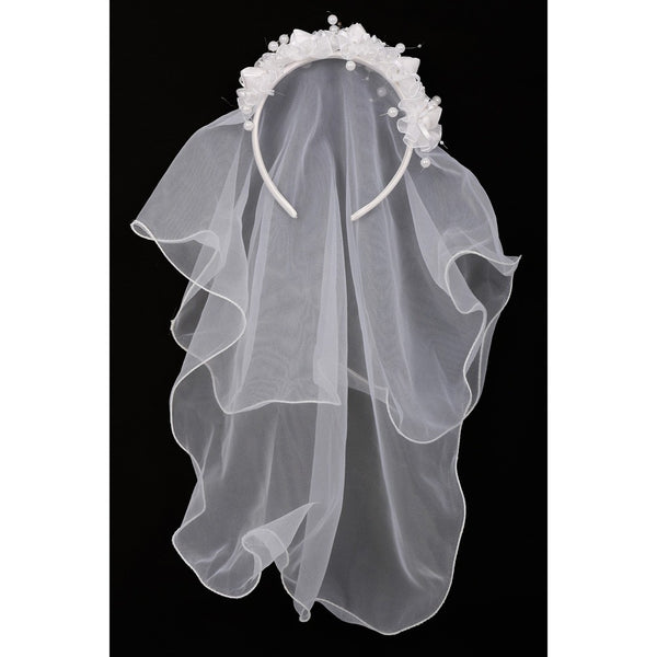 Girls White Flower Pearl Crown Mesh Short Communion Flower Girl Veil - SophiasStyle.com