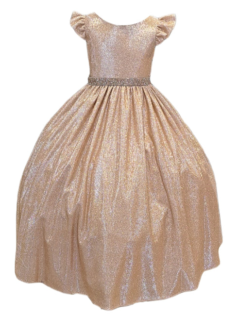Little Girls Champagne Metallic Flutter Sleeve Flower Girl Dress 2-6 - SophiasStyle.com