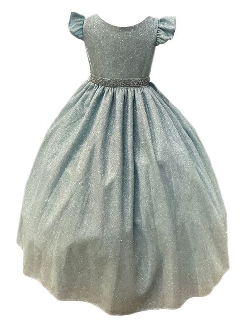 Big Girls Light Blue Metallic Flutter Sleeve Junior Bridesmaid Dress 8-16 - SophiasStyle.com
