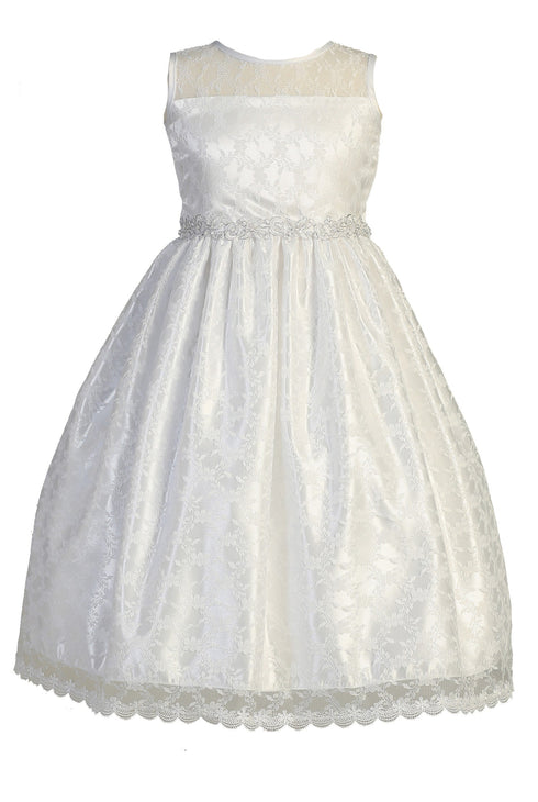 Lito Big Girls White Lace Silver Corded Waist Communion Dress 7 - SophiasStyle.com