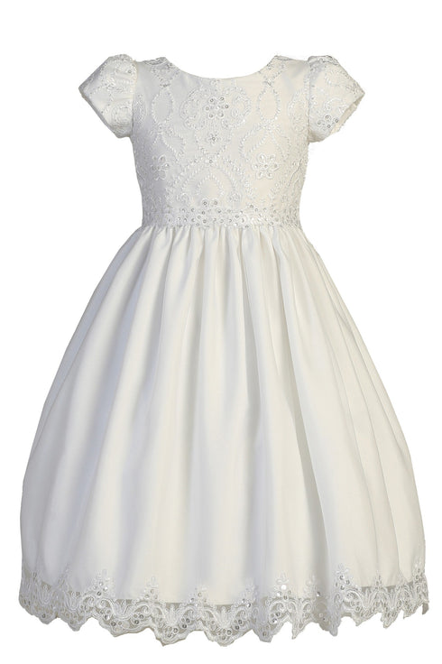 Big Girls White Short Sleeve Embroidered Lace Communion Dress 6-12 - SophiasStyle.com
