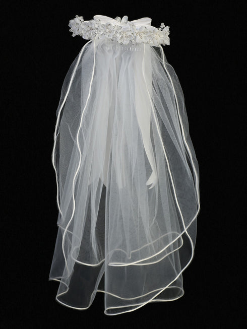 Lito Girls White Flowers Rhinestone Pearls Bow 24 Inch Communion Girl Veil - SophiasStyle.com