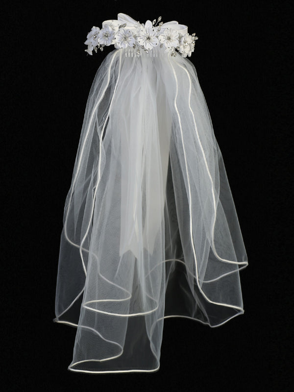 Lito Girls White Satin Flowers Pearls Bow 24 Inch Communion Girl Veil - SophiasStyle.com