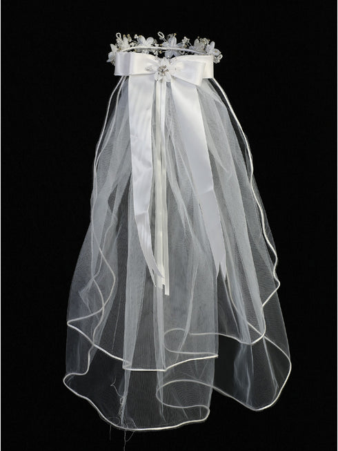 Lito Girls White Organza Flowers Pearls 24 Inch Communion Girl Veil - SophiasStyle.com