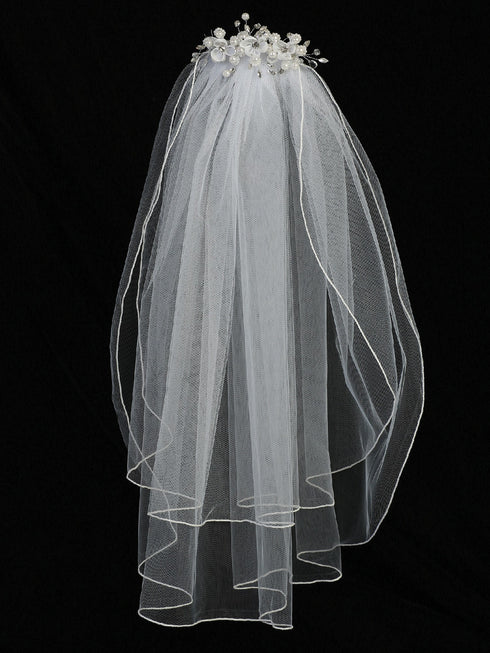 Lito Girls White Organza Flowers Rhinestone Pearls 24 Inch Communion Girl Veil - SophiasStyle.com