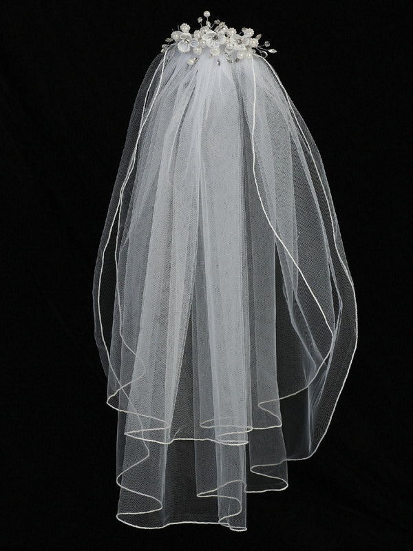 Lito Girls White Organza Flowers Rhinestone Pearls 24 Inch Communion Girl Veil - SophiasStyle.com
