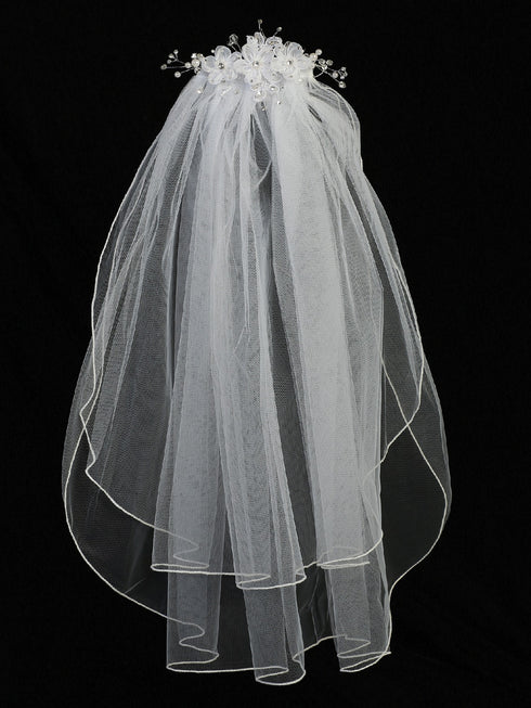 Lito Girls White Organza Flowers Crystals Pearls 24 Inch Communion Girl Veil - SophiasStyle.com