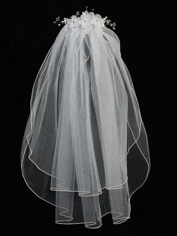 Lito Girls White Organza Flowers Crystals Pearls 24 Inch Communion Girl Veil - SophiasStyle.com