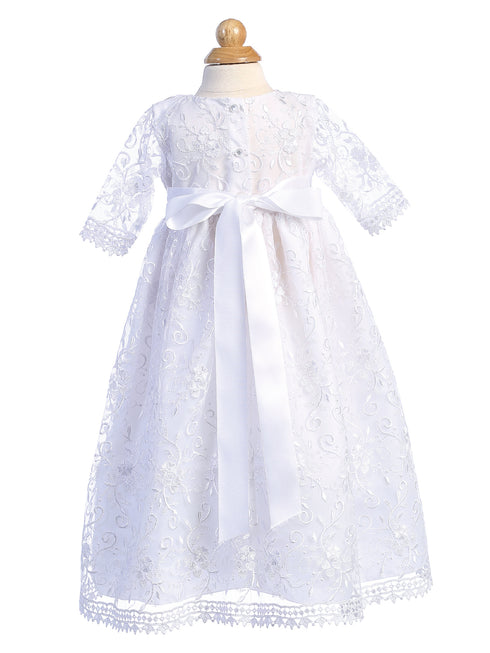 Lito Baby Girls White Bonnet Embroidered Tulle Christening Gown 0-18 Months - SophiasStyle.com