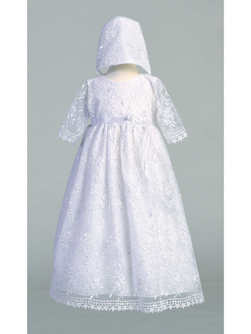 Lito Baby Girls White Bonnet Embroidered Tulle Christening Gown 0-18 Months - SophiasStyle.com
