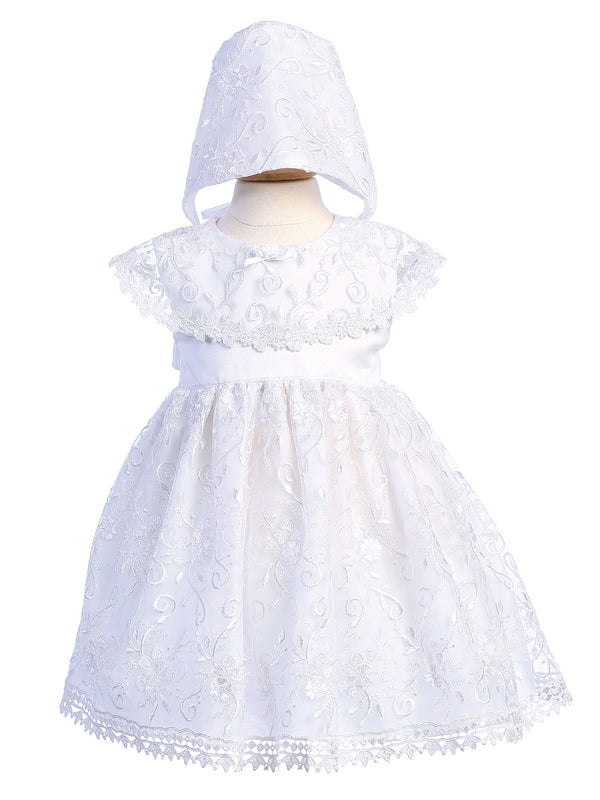 Lito Baby Girls White Embroidered Tulle Bonnet Christening Gown 12-18 Months - SophiasStyle.com