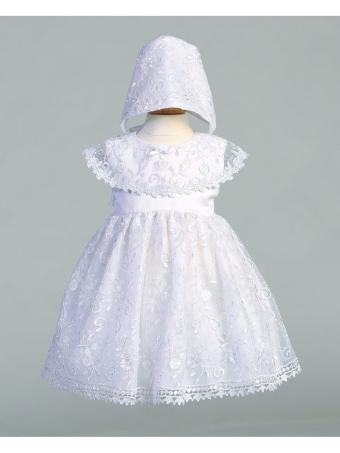 Lito Baby Girls White Embroidered Tulle Bonnet Christening Gown 12-18 Months - SophiasStyle.com