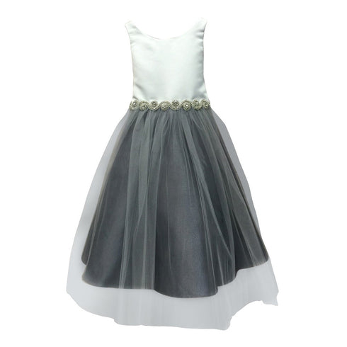 Petite Adele Little Girls Ivory Grey Satin Rhinestone Tulle Occasion Dress 2T-6 - SophiasStyle.com