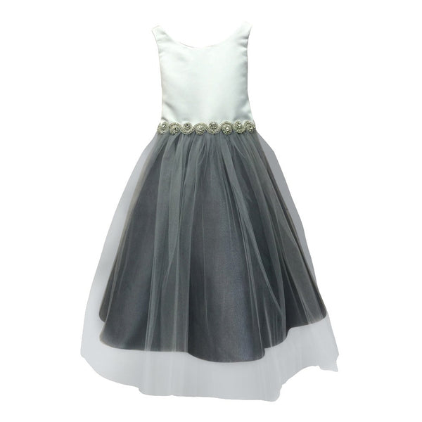 Petite Adele Little Girls Ivory Grey Satin Rhinestone Tulle Occasion Dress 2T-6 - SophiasStyle.com