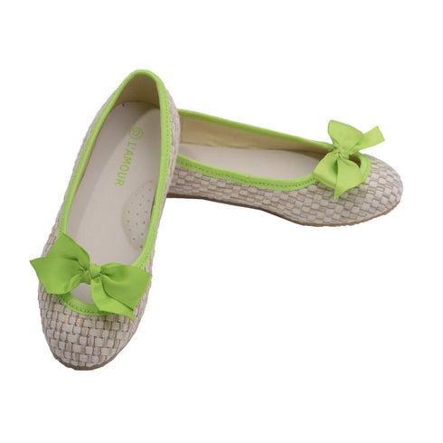 L'Amour Little Big Kids Girls Lime Faux Straw Bow Fashion Flats 11-4 Kids - SophiasStyle.com