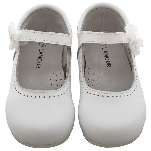 L'Amour White Leather Flower Mary Jane Shoe Little Girl 11-4 - SophiasStyle.com