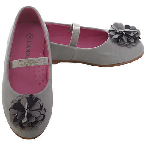 L'Amour Grey Rosette Ballet Flat Style Shoe Toddler Girl 7-10 - SophiasStyle.com