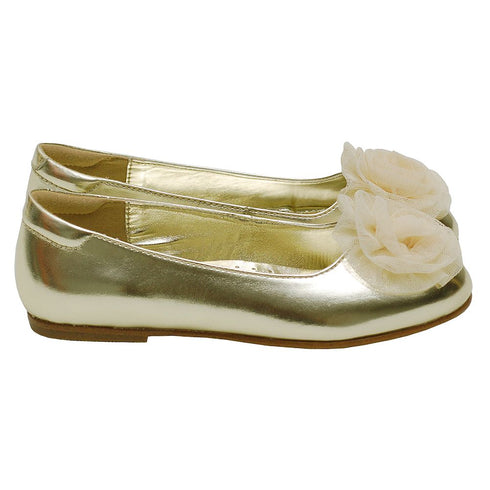 L'Amour Girls Gold Flower Slip On Dress Shoes Toddler 5-Little Girl 4 - SophiasStyle.com