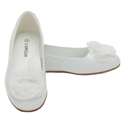 L'Amour Girls White Flower Slip On Dress Shoes Toddler 5-Little Girl 4 - SophiasStyle.com
