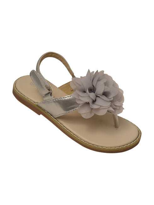 L`Amour Little Girls Silver Organza Flower Back Strap Thong Sandals 5-10 Toddler - SophiasStyle.com