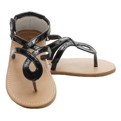 Black Patent Scroll Style Adjustable Flip Flop Sandals Little Girl 7-4 - SophiasStyle.com