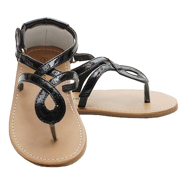 Black Patent Scroll Style Adjustable Flip Flop Sandals Little Girl 7-4 - SophiasStyle.com