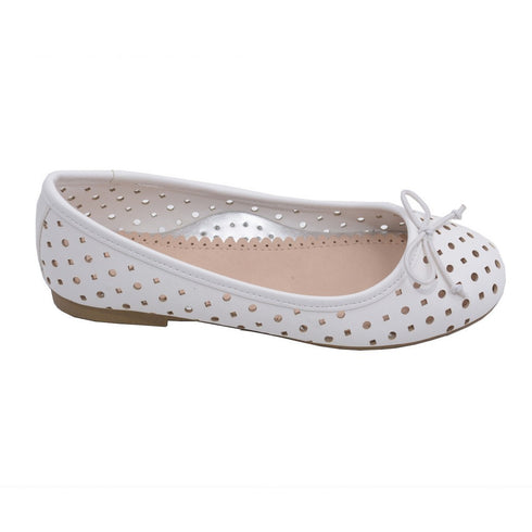 L'Amour Little Big Kids Girls White Perforated Bow Ballet Flats 11-4 Kids - SophiasStyle.com