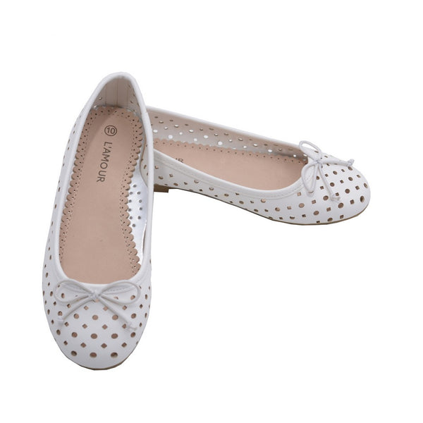 L'Amour Little Big Kids Girls White Perforated Bow Ballet Flats 11-4 Kids - SophiasStyle.com
